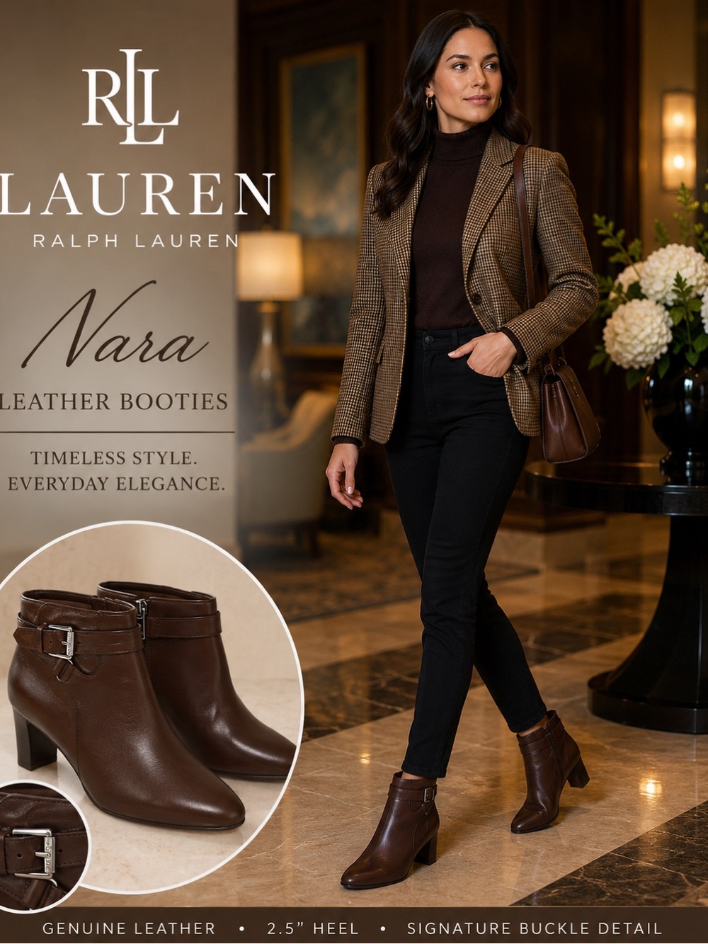 Lauren Ralph Lauren Nala Leather Ankle Booties Brown Size 8.5 NWT Pointed Toe